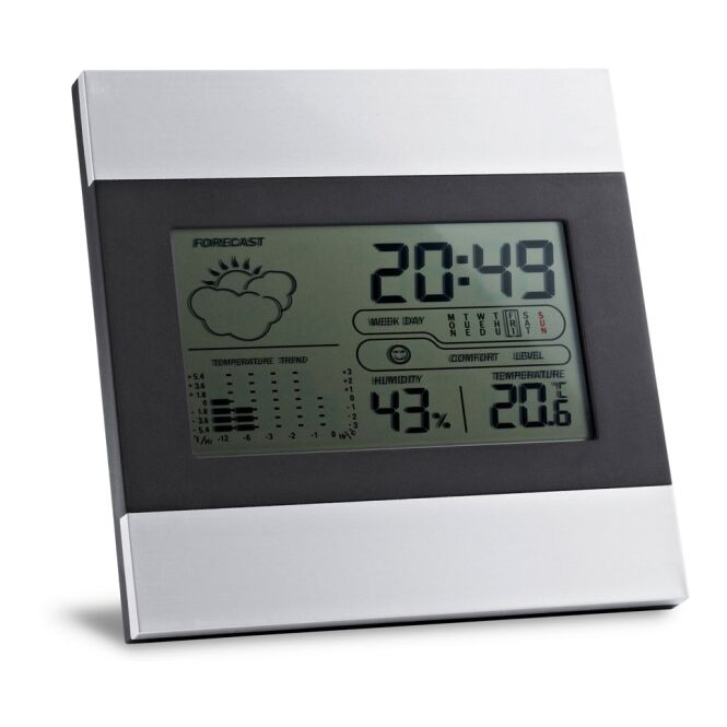 Werbeartikel Wetterstation DENE – satinsilber – mit Logo bedruckt LCD-Anzeige Temperatur Hygrometer digitale Raumklimastation