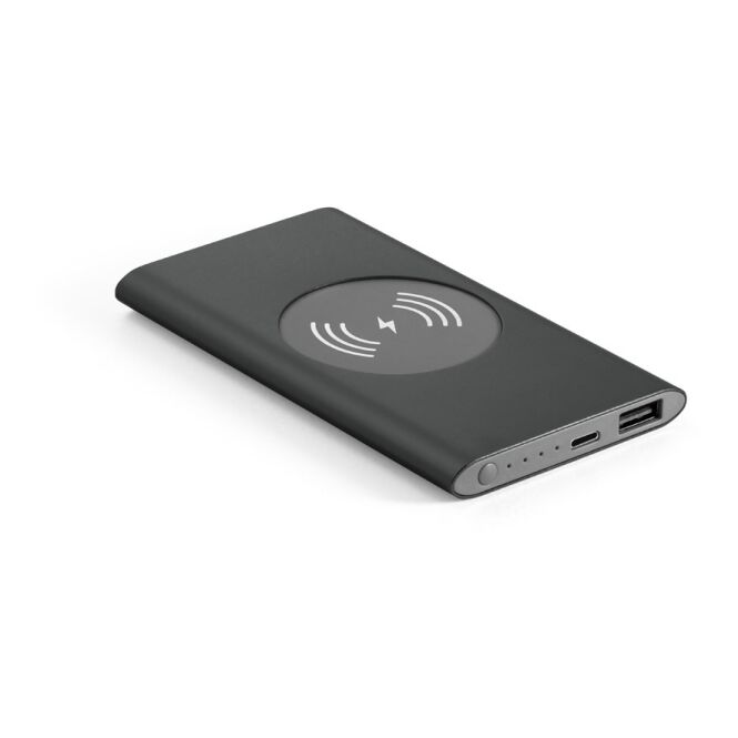 Premium-Werbeartikel CASSINI Powerbank 4'000 mAh 5W Wireless Charger – schwarz – lasergraviert nachhaltig für das Mitarbeiter-Onboarding