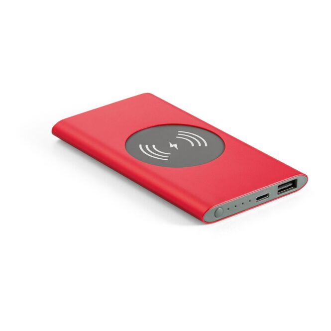 Werbeartikel CASSINI Powerbank 4.000 mAh 5W Wireless Charger – rot – lasergraviert nachhaltig aus recyceltem Aluminium für das Homeoffice