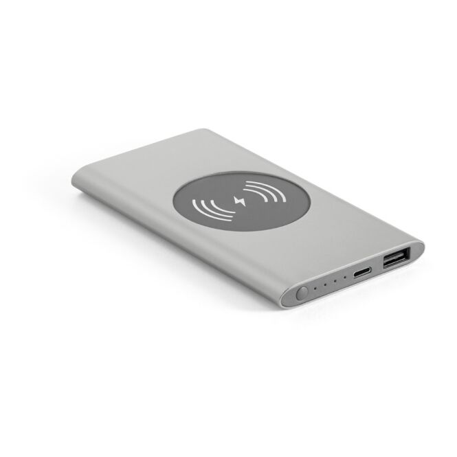 Premium-Werbeartikel Powerbank CASSINI 4.000 mAh 5W Wireless Charger – satinsilber – lasergraviert nachhaltig für das Homeoffice