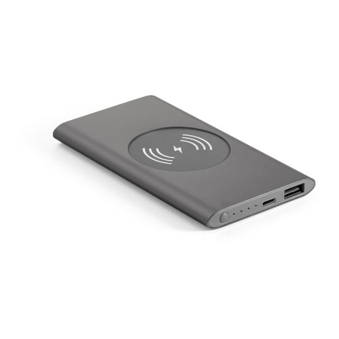 Kundengeschenk Powerbank CASSINI – dunkelgrau – lasergraviert 4.000 mAh 5W Wireless Charger USB-C nachhaltig für das Homeoffice