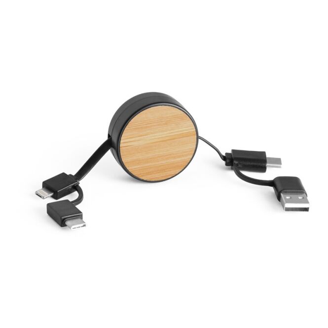 Mitarbeitergeschenk RUBINS 6-in-1-USB-Kabel – schwarz – mit Logo bedruckt, nachhaltig aus rABS und Bambus, für die Büroausstattung