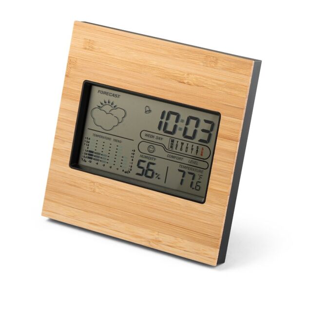 Werbeartikel Wetterstation BROMLEY – schwarz – mit Logo bedruckt LCD-Display, Thermometer, digitale Raumklimastation