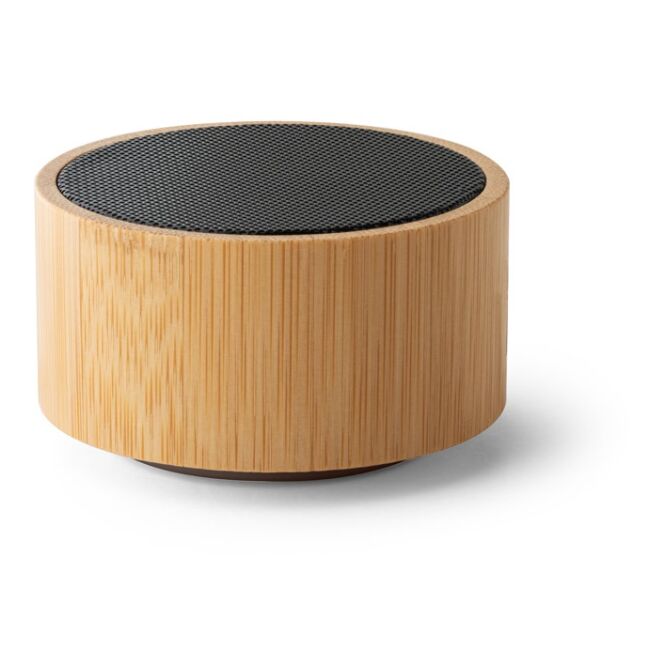 Premium-Werbeartikel Bluetooth Lautsprecher Arber – natur – mit Logo bedruckt, nachhaltig, 3W, 400 mAh, Ø74x42mm für das Homeoffice