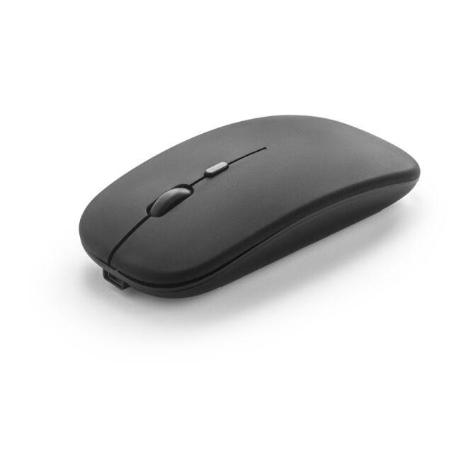 Mitarbeitergeschenk kabellose Maus KHAN – schwarz – mit Logo bedruckt, nachhaltige 2.4-GHz-Technologie, 112x58x23 mm für die Büroausstattung