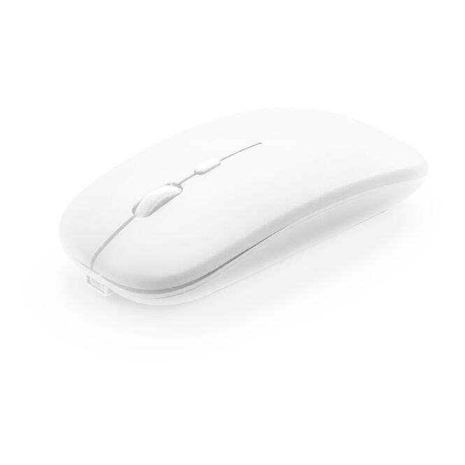 Werbeartikel Computermaus KHAN – weiss – mit Logo bedruckt, nachhaltige 2.4-GHz kabellose Maus, 500mAh Akku, 112x58x23mm für das Homeoffice