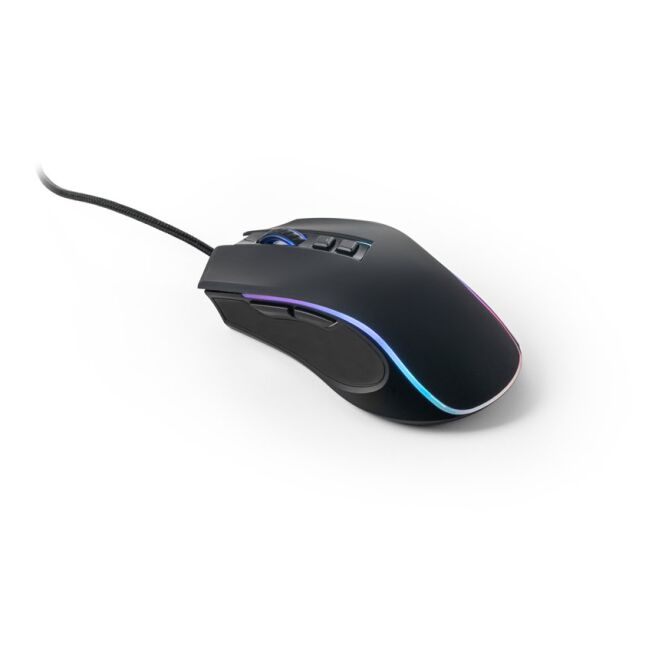 Mitarbeitergeschenk Computermaus THORNE MOUSE RGB – schwarz – mit Logo bedruckt 7200 DPI 1.5 m Kabel für die Büroausstattung