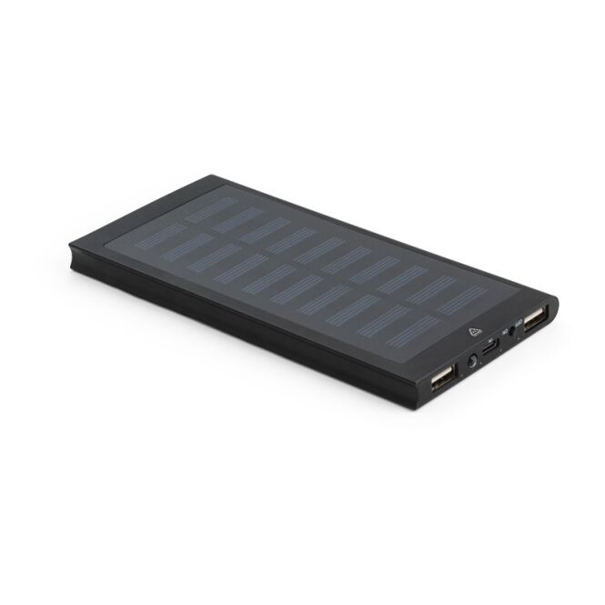Firmengeschenk Powerbank CLERK – schwarz – nachhaltig lasergraviert 8.000 mAh Solar-Powerbank für das Mitarbeiter-Onboarding