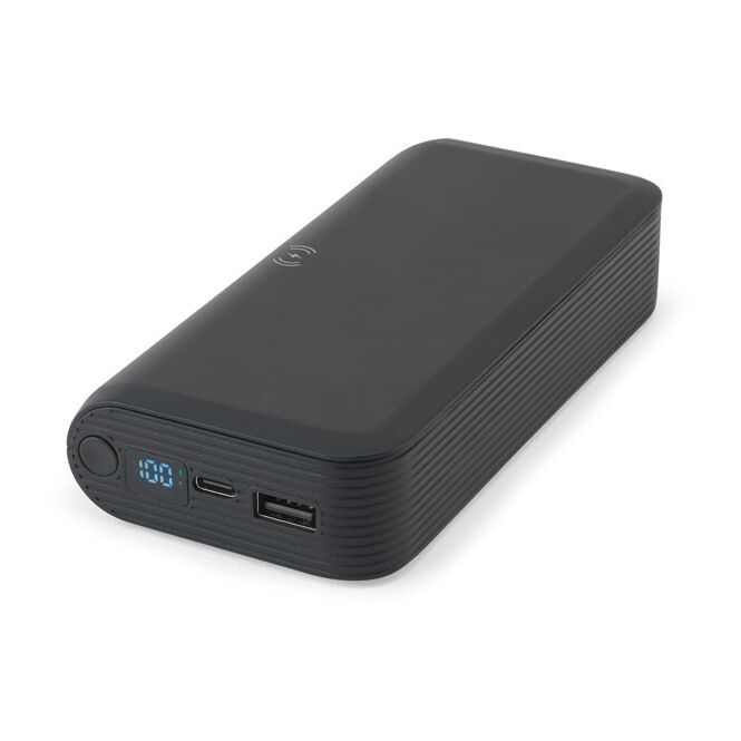 Kundengeschenk Powerbank BECKER 20 – schwarz – mit Logo bedruckt 20.000 mAh 15W Wireless Charger 141x72x29 mm nachhaltiges Onboarding