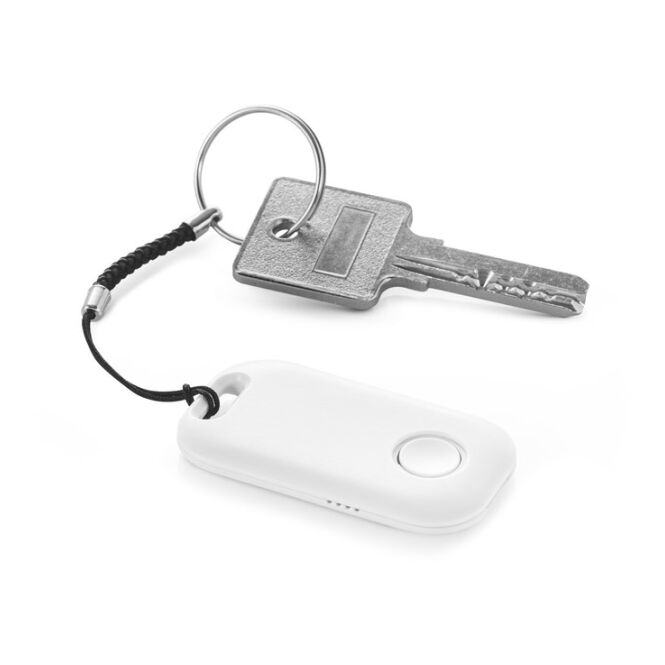 Werbeartikel Wireless Tracker DAMY – weiss – mit Logo bedruckt BT v5.0 für den Büroalltag nachhaltiger Öko-Tech 55 x 30 x 7 mm