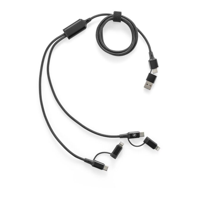 Werbeartikel 6-in-1 USB-Kabel BERTOZZI – schwarz – mit Logo bedruckt nachhaltig 60W Schnellladen Datenübertragung für den Büroalltag