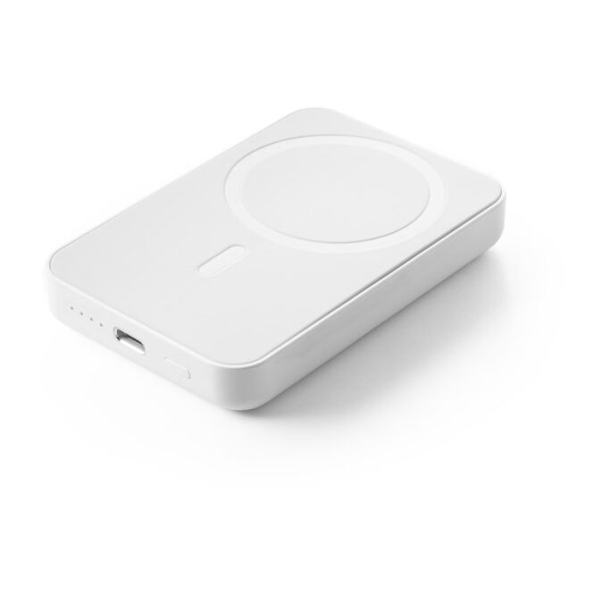 Firmengeschenk Powerbank AMPERE 5 – weiss – mit Logo bedruckt 5.000 mAh 15W kabellos nachhaltig für das Mitarbeiter-Onboarding