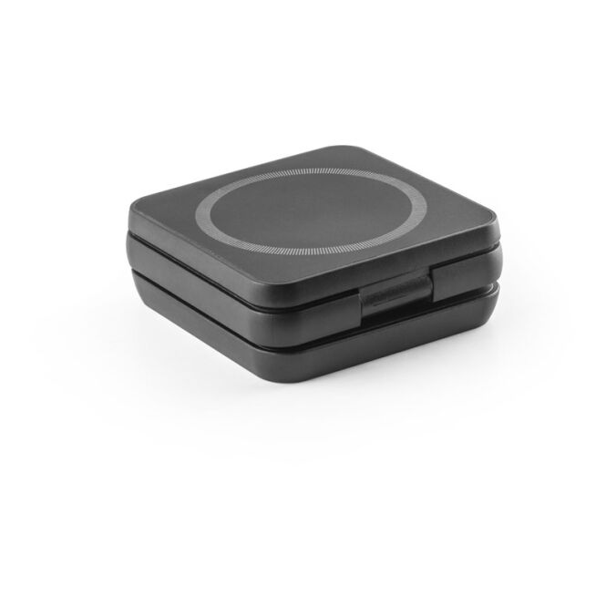 Premium-Werbeartikel BROGLIE 4-in-1 Wireless Charger – schwarz – mit Logo bedruckt, nachhaltig, 15W, für das Homeoffice 70x70x25 mm