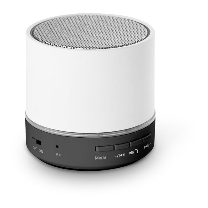 Firmengeschenk Bluetooth Lautsprecher RE-PEREY – weiss – mit Logo bedruckt 3W 4,5h Akku nachhaltiges rABS für das Homeoffice ø59x55mm