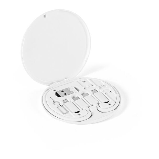 Streuartikel 6-in-1 Ladekabel Set SYSTROM – weiss – mit Logo bedruckt nachhaltig 60W Schnellladen USB-C für den Büroalltag ø84x10mm