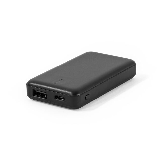 Premium-Werbeartikel Powerbank SHERYL – schwarz – mit Logo bedruckt 4.000 mAh 10W USB-C nachhaltig 87x48x17mm für das Homeoffice