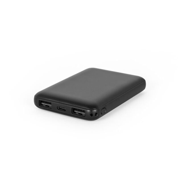Premium-Werbeartikel LEAKEY 5 Powerbank 5.000 mAh – schwarz – mit Logo bedruckt nachhaltig für das Homeoffice 3-in-1-Ladung 91x63x15 mm