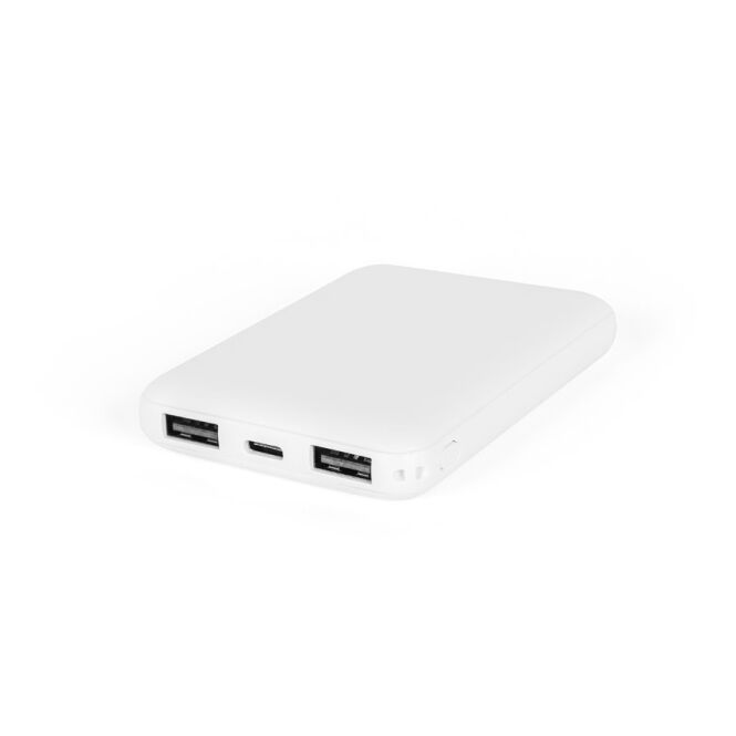 Premium-Werbeartikel Powerbank LEAKEY 5 – weiss – mit Logo bedruckt 5.000 mAh 12W 3-in-1 Laden nachhaltig für das Mitarbeiter-Onboarding