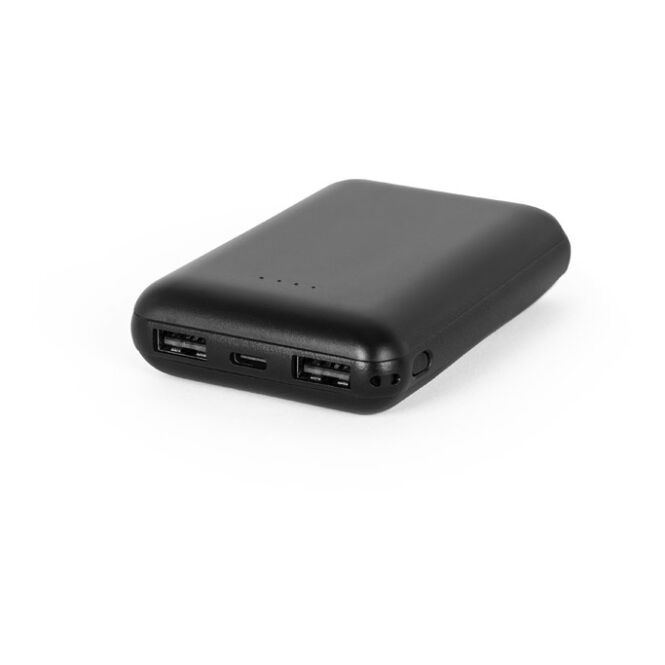 Firmengeschenk Powerbank LEAKEY 8 – schwarz – mit Logo bedruckt 8.000 mAh 12W USB-C 89x64x22mm nachhaltig für das Mitarbeiter-Onboarding