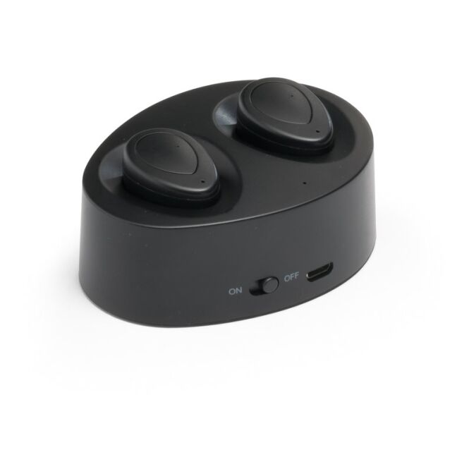 Premium-Werbeartikel CHARGAFF Funkkopfhörer – schwarz – mit Logo bedruckt Bluetooth Freisprechen für das Homeoffice 27x20x28mm