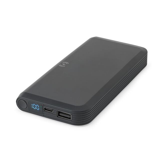 Firmengeschenk Powerbank BECKER 10 – schwarz – mit Logo bedruckt 10.000 mAh 15W Wireless Charger 141x69x17mm nachhaltig für Onboarding