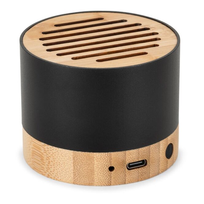 Kundengeschenk Bluetooth Lautsprecher FERDINAND – schwarz – mit Logo bedruckt, nachhaltig, 3W, 300 mAh für das Büroalltag, ø70x52mm