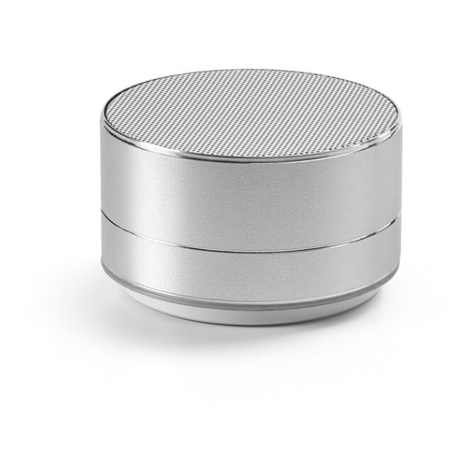 Premium-Werbeartikel Bluetooth Lautsprecher FLOREY – satinsilber – mit Gravur 3W 400 mAh USB-C ø71x42mm nachhaltig für das Homeoffice