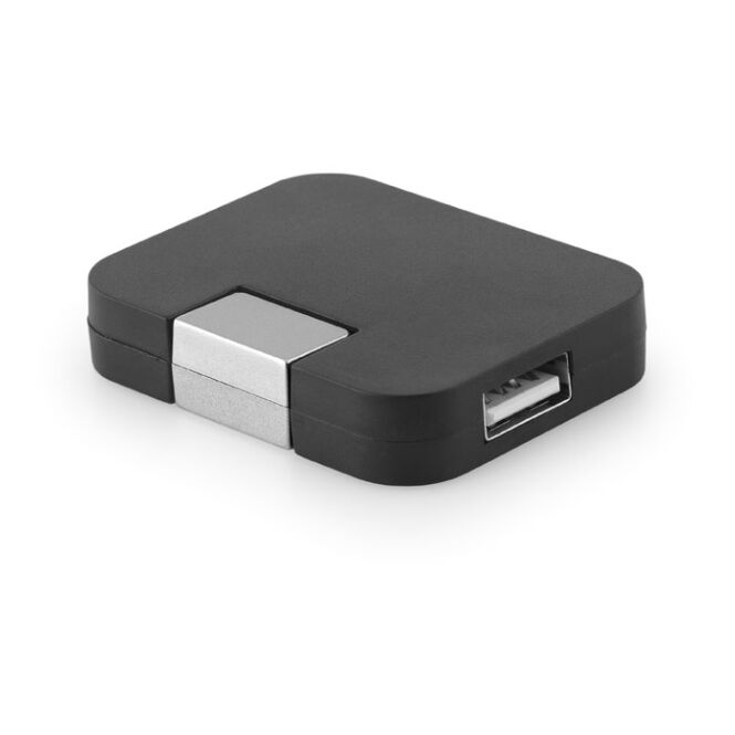 Mitarbeitergeschenk USB-Hub JANNES – schwarz – mit Logo bedruckt 4-Port USB 2.0 Hub 52x41x12 mm für die Büroausstattung