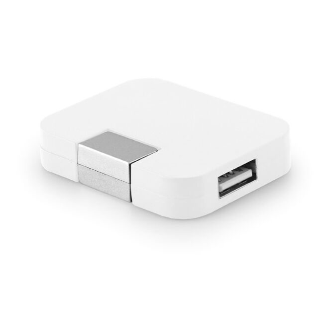 Werbeartikel USB-Hub JANNES – weiss – mit Logo bedruckt mit 4 USB-A-Anschlüssen 52x41x12 mm für die Büroausstattung