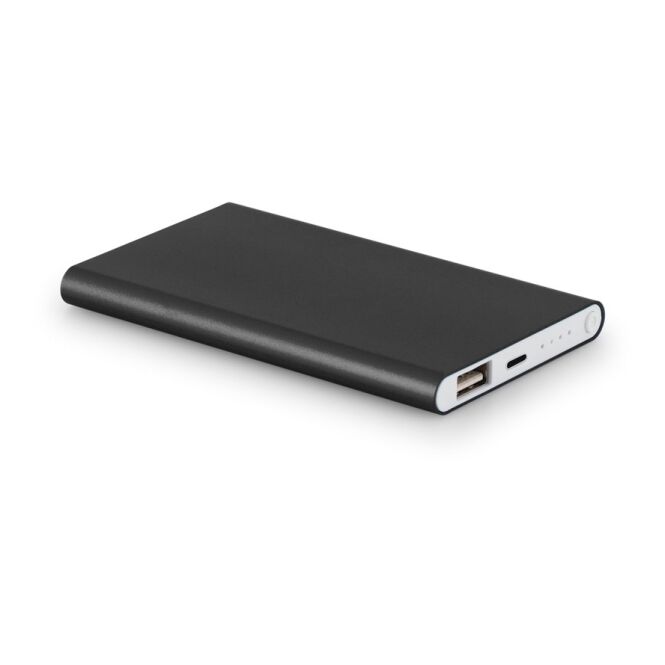 Firmengeschenk Powerbank MARCET Slim 4.000 mAh – schwarz – mit Logo bedruckt nachhaltig für das Homeoffice 110 x 68 x 10 mm