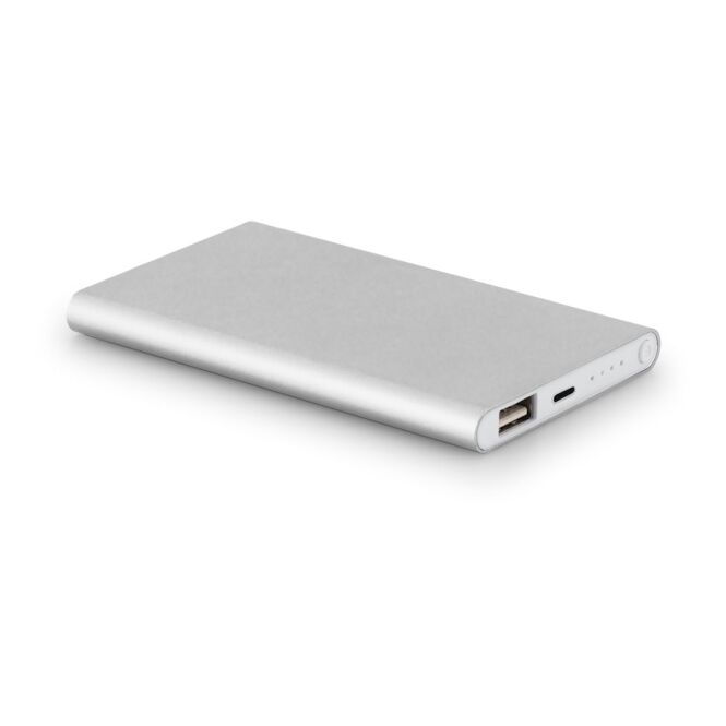 Firmengeschenk Powerbank MARCET 4.000 mAh – satinsilber – mit Logo bedruckt, nachhaltiges Öko-Tech für das Mitarbeiter-Onboarding