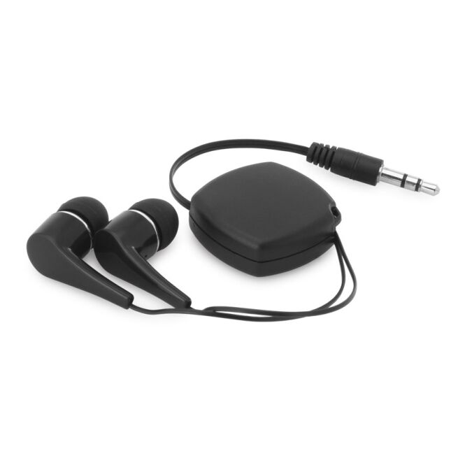 Firmengeschenk In-Ear Kopfhörer PINEL – schwarz – mit Logo bedruckt 0.75m Kabel für den Büroalltag und mobiles Arbeiten