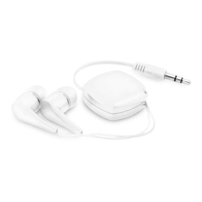 Werbeartikel In-Ear Kopfhörer PINEL – weiss – mit Logo bedruckt 0.75m Kabel 3.5mm Anschluss für den Büroalltag
