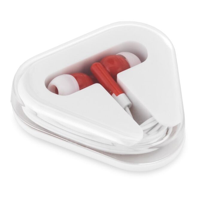 Werbeartikel In-Ear Kopfhörer FARADAY – rot – mit Logo bedruckt 1.25m Kabel 3.5mm Anschluss für den Büroalltag