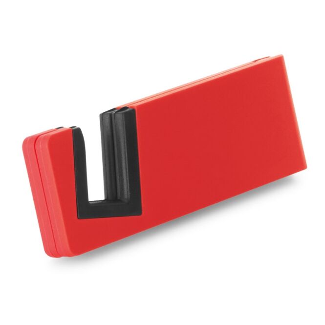 Werbeartikel Smartphone-Halter HOOKE – rot – mit Logo bedruckt für den Büroalltag, klappbar, bis 12 mm Dicke, 89x30x9 mm