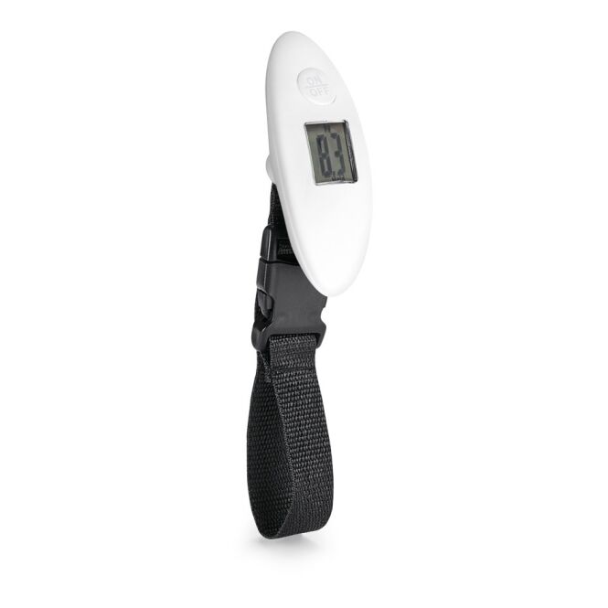 Werbeartikel Kofferwaage CHECKIN – weiss – mit Logo bedruckt 37x100x27mm bis 40kg für Messen & Promotion