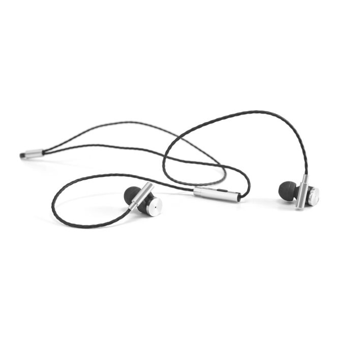 Premium-Werbeartikel VIBRATION In-Ear Kopfhörer – silber – mit Logo bedruckt für den Büroalltag