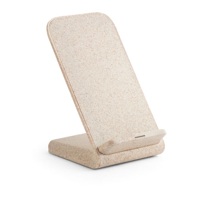 Werbeartikel Smartphone-Halter ENGLERT – natur – mit Logo bedruckt 10W Wireless Charger nachhaltig 70x112x87mm für den Büroalltag