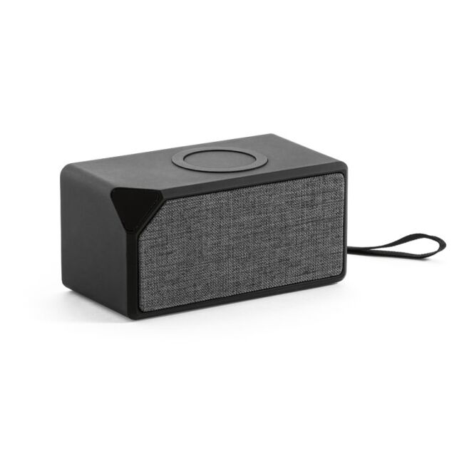 Kundengeschenk Bluetooth Lautsprecher GRUBBS – schwarz – mit Logo bedruckt 3W 5W Wireless Charger für das Homeoffice 108x56x54mm