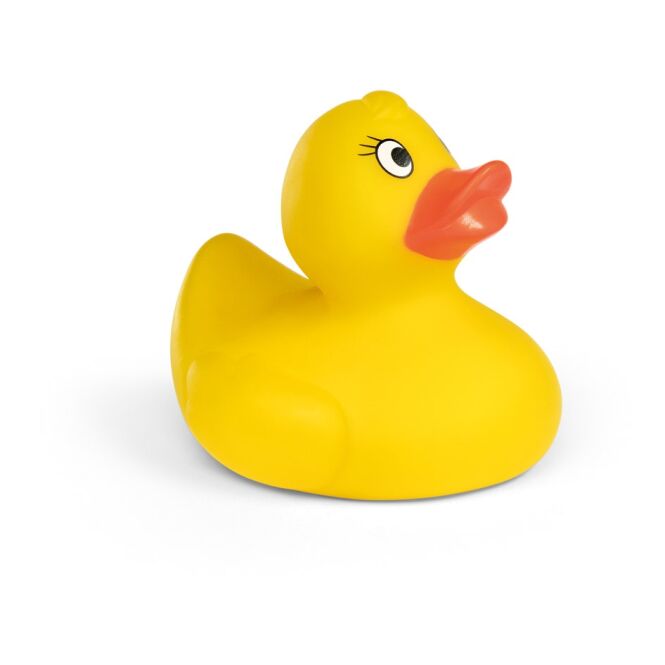 Werbeartikel DUCK Gummiente aus PVC – gelb – mit Logo bedruckt 70x72x80mm für Messen & Promotion