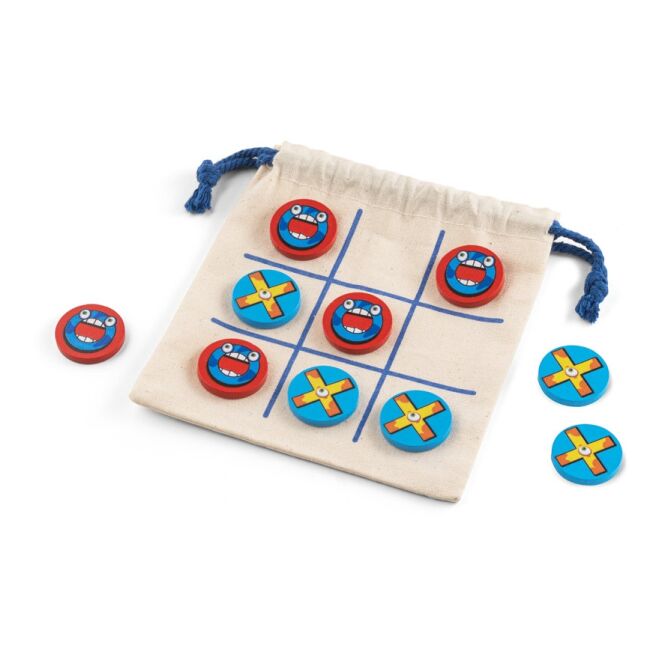 Werbeartikel 3-Gewinnt-Spiel CROSSES – naturhell – mit Logo bedruckt 10-teilig aus Sperrholz mit Baumwollbeutel 120x130mm für Teamevents