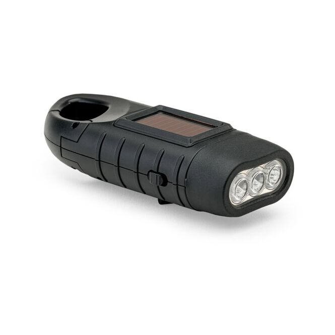 Werbeartikel Taschenlampe SOLARKY – schwarz – mit Logo bedruckt 90 Lumen 3 LEDs kompakter Lichtspender für unterwegs