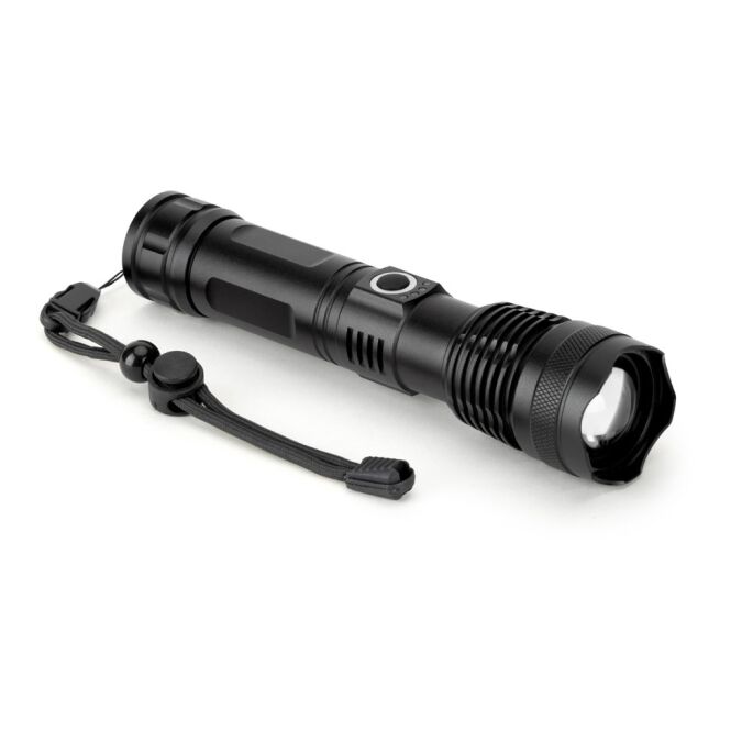 Mitarbeitergeschenk Taschenlampe YVIAN – schwarz – mit Logo bedruckt 500 Lumen 10W COB-LED kompakter Lichtspender für Messen
