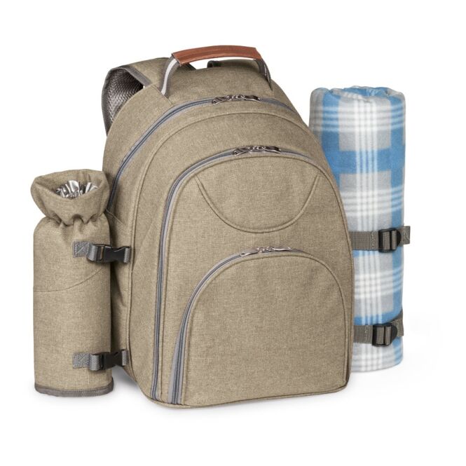 Premium-Werbeartikel Thermischer Picknick-Rucksack VILLA – hellbraun – mit Logo bedruckt, nachhaltig, mit Decke & 12-tlg. Besteckset