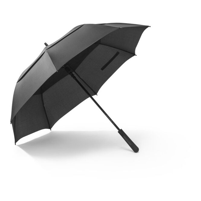 Firmengeschenk Automatikschirm GAVIN – schwarz – mit individuellem Logodruck sturmfest mit Windproof-System Ø 122 cm für Golf-Events