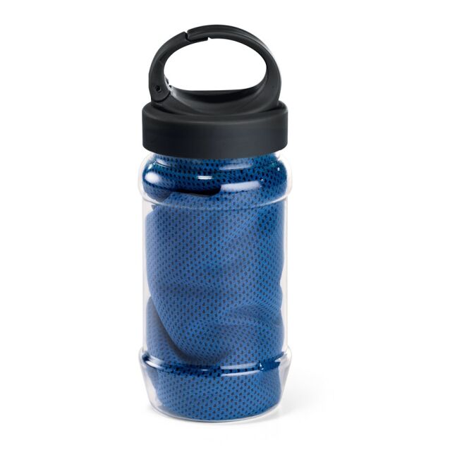 Werbeartikel Sporthandtuch ARTX PLUS – königsblau – mit Logo bedruckt 300x800 mm mit 440 ml Flasche für Outdoor-Events