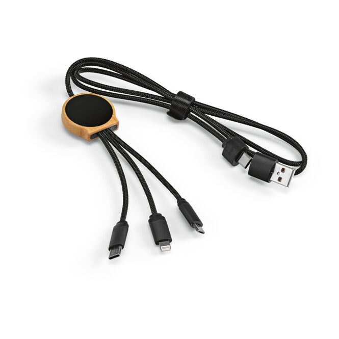 Werbeartikel Asimov 5-in-1 Multikabel – schwarz – mit Logo bedruckt, nachhaltig aus Bambus & rPET, 5V/2.4A Schnellladekabel für den Büroalltag