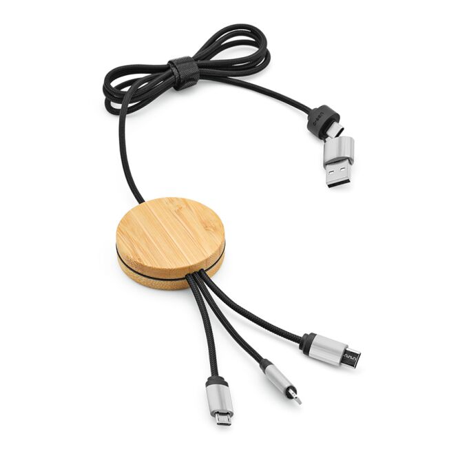 Werbegeschenk Feynman 5-in-1 Multikabel – schwarz – mit Logo bedruckt 15W Schnellladefunktion Bambus rPET nachhaltig für den Büroalltag