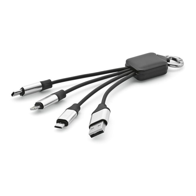 Werbeartikel Sagan 4-in-1 Ladekabel – schwarz – mit Logo bedruckt 12W USB-C USB-A Lightning nachhaltig für Technik-Messen