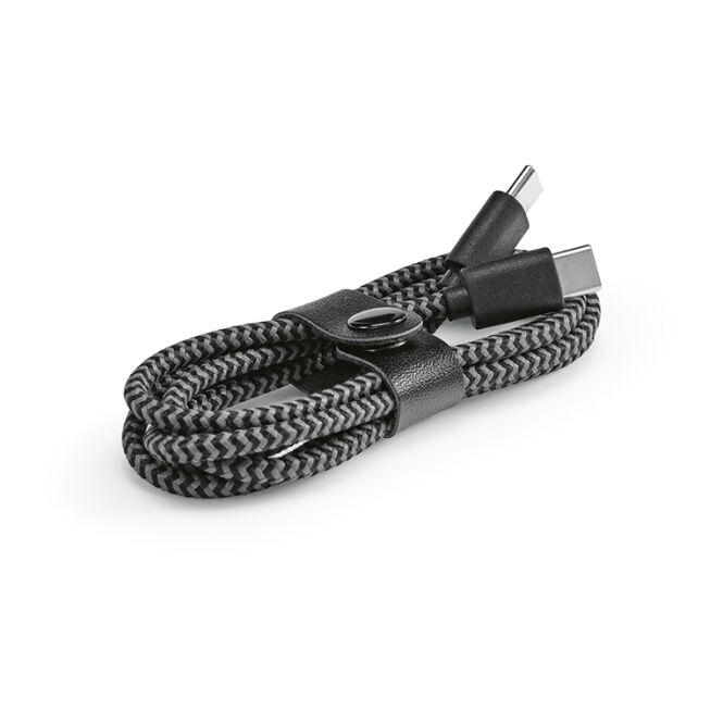 Werbeartikel Koch Kabel aus rPET 1m USB-C auf USB-C – schwarz – mit Logo bedruckt nachhaltiges Schnellladekabel für Technik-Messen